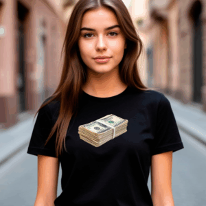 Черная женская футболка с принтом «Пачка долларов»