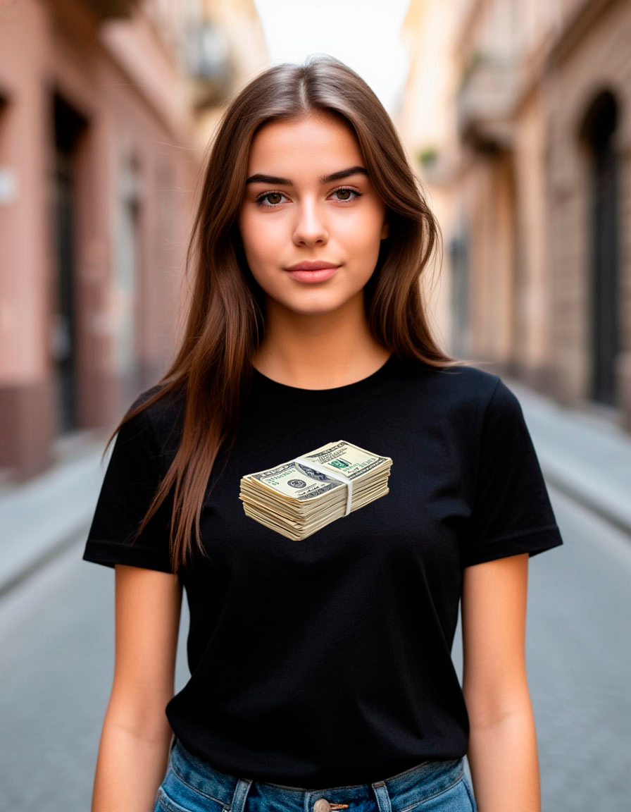 Черная женская футболка с принтом «Пачка долларов»
