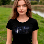 напиши сео текст Футболка черная женская звезды и космос